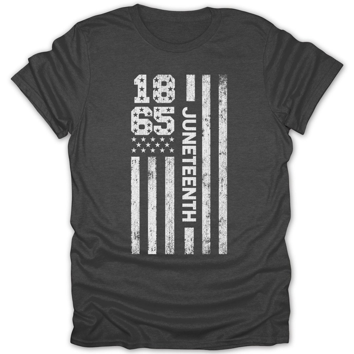 Distressed 1865 Juneteenth American flag graphic on a dark grey t-shirt.