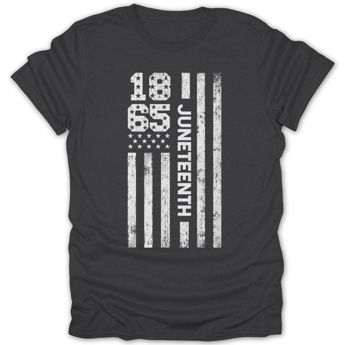 Dark t-shirt with distressed "1865 Juneteenth" text and American flag stripes.