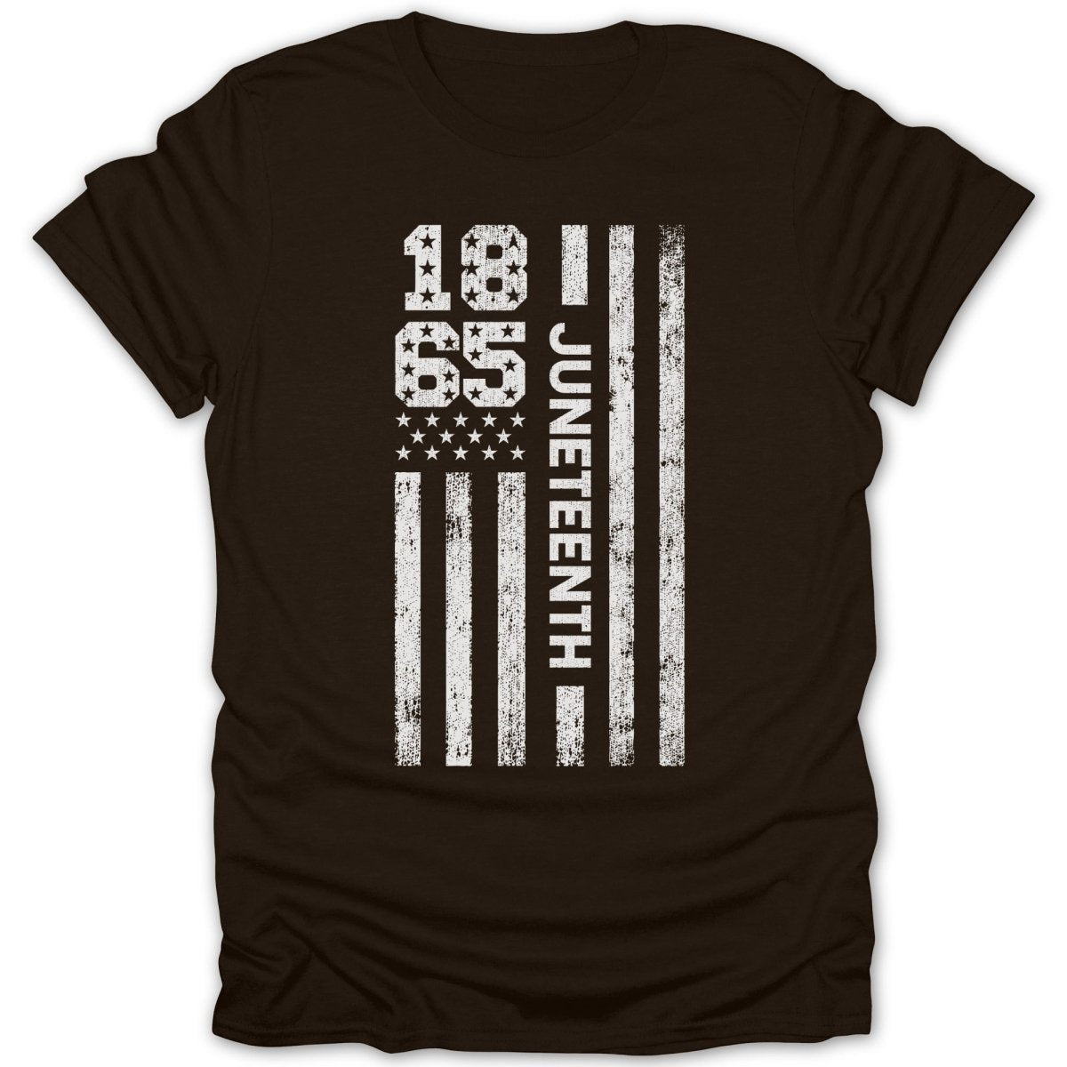 Juneteenth 1865 distressed flag design on a dark t-shirt.