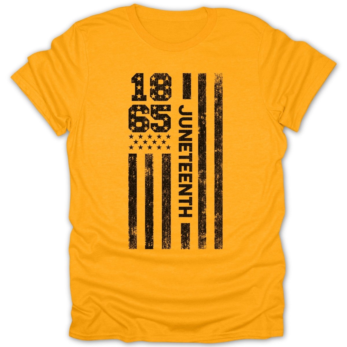 Yellow t-shirt with distressed Juneteenth 1865 American flag design.