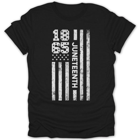 Black t-shirt with distressed Juneteenth 1865 American flag design.
