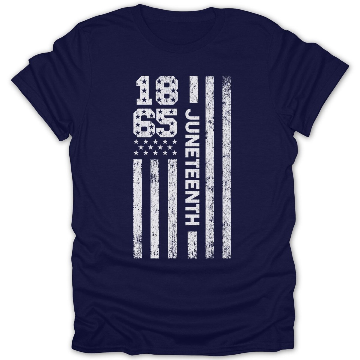 Navy t-shirt with distressed Juneteenth flag design featuring 1865.