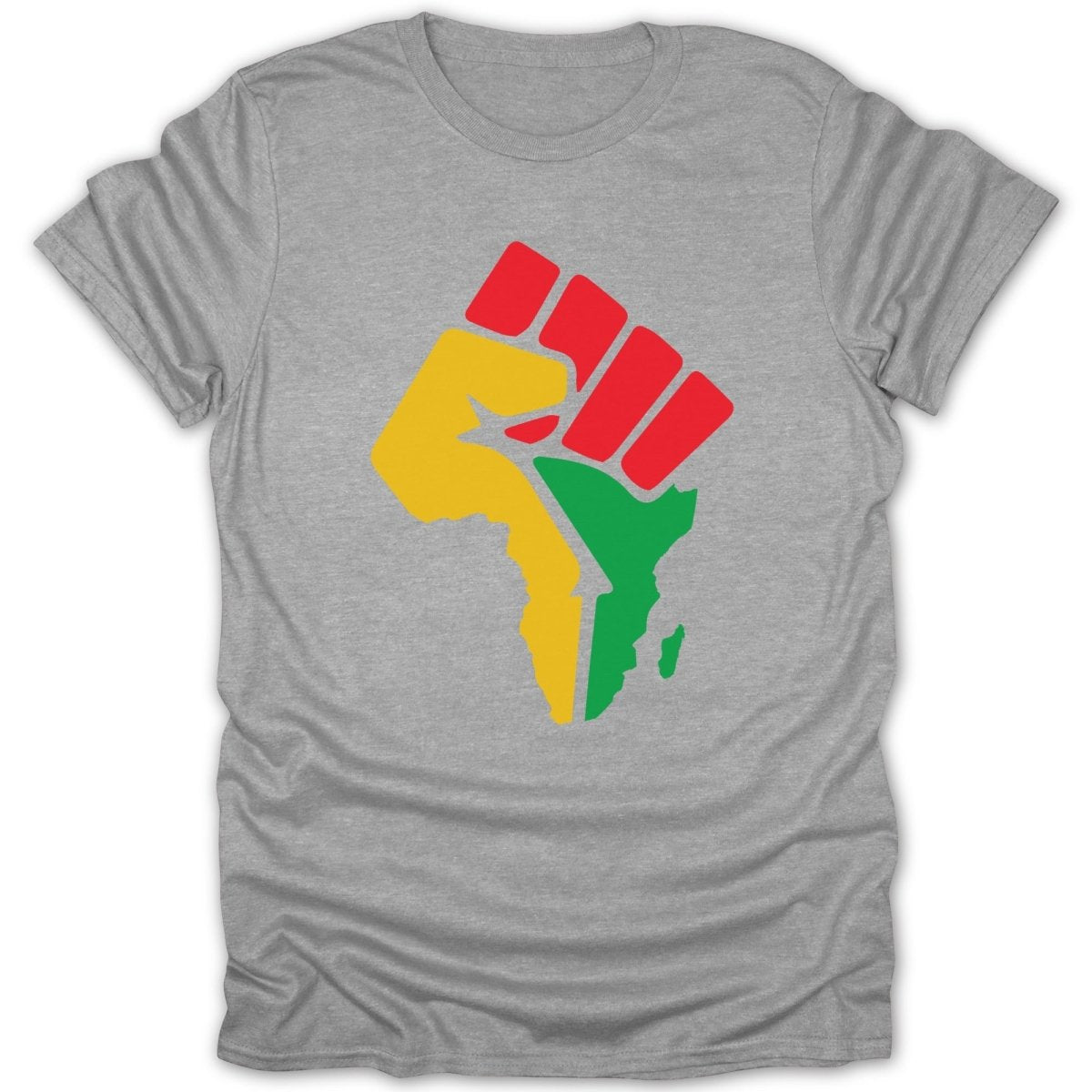 Gray t-shirt with Africa map design featuring a raised fist in red, yellow, and green.