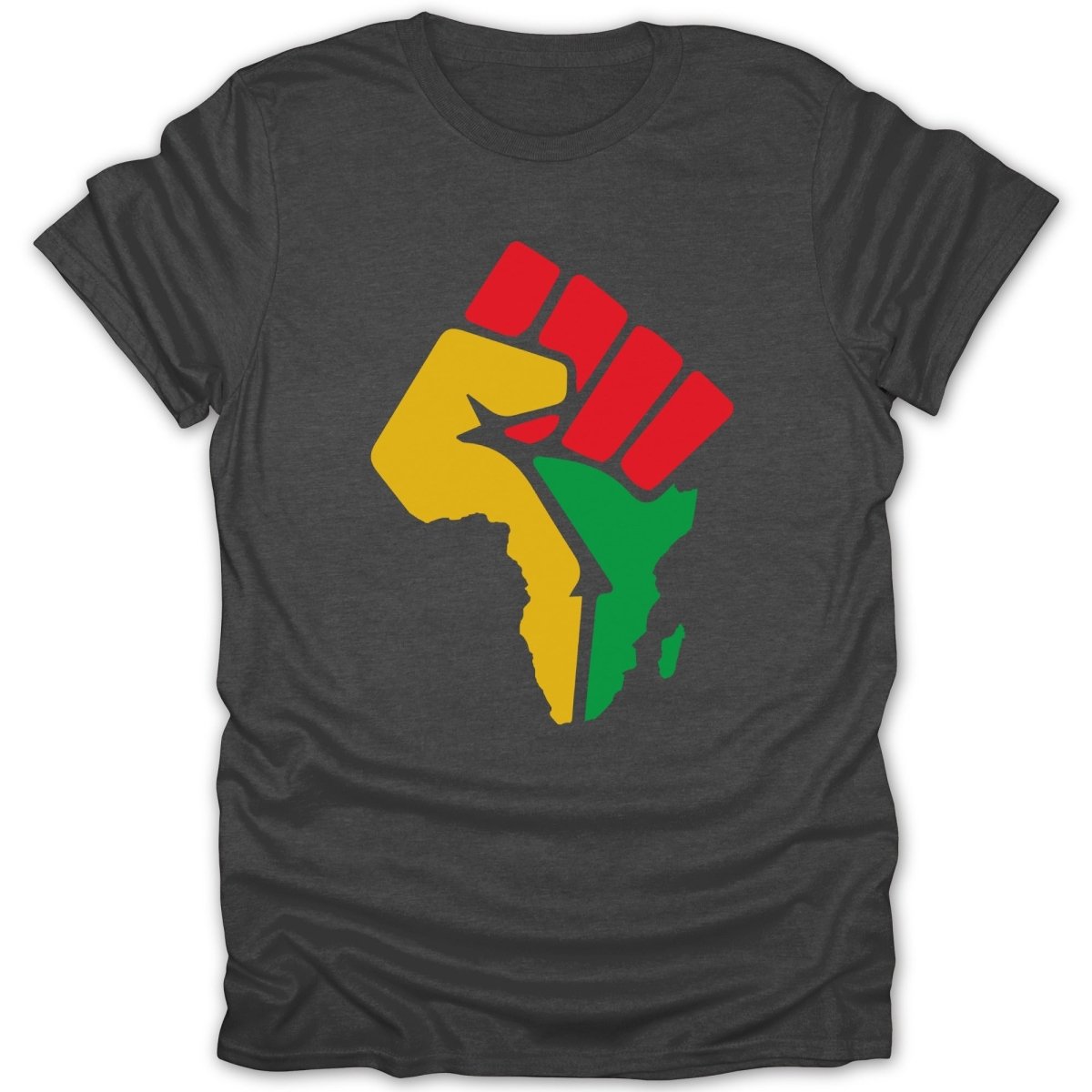 Raised fist in red, yellow, and green superimposed on Africa map.
