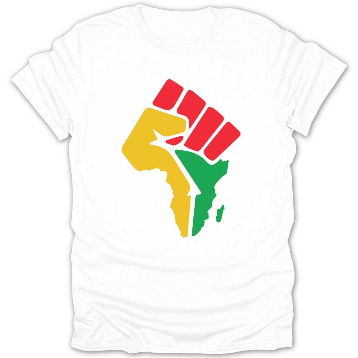 White t-shirt with raised fist silhouette of Africa in red, yellow, and green.