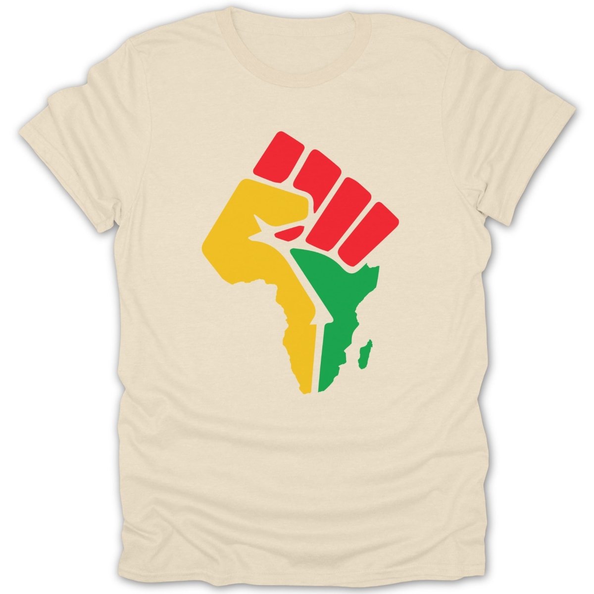 Fist silhouette in red, yellow, and green over Africa map on a cream t-shirt.