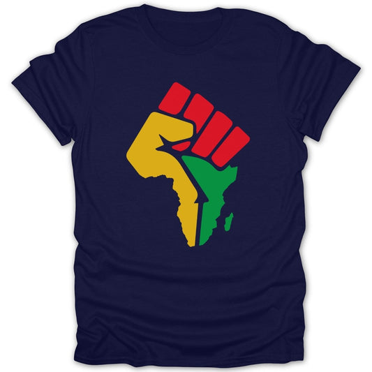Navy t-shirt with raised fist in red, yellow, and green, shaped like the continent of Africa.