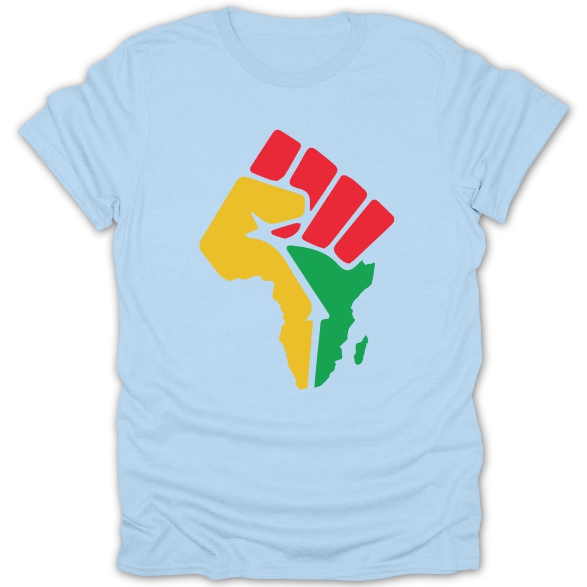 Light blue t-shirt with a raised fist in Pan-African colors forming Africa.