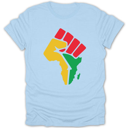 Light blue t-shirt with a raised fist in Pan-African colors forming Africa.