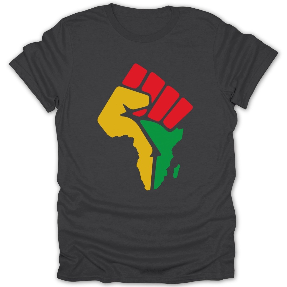 Black fist in Pan-African colors superimposed on an outline of Africa.