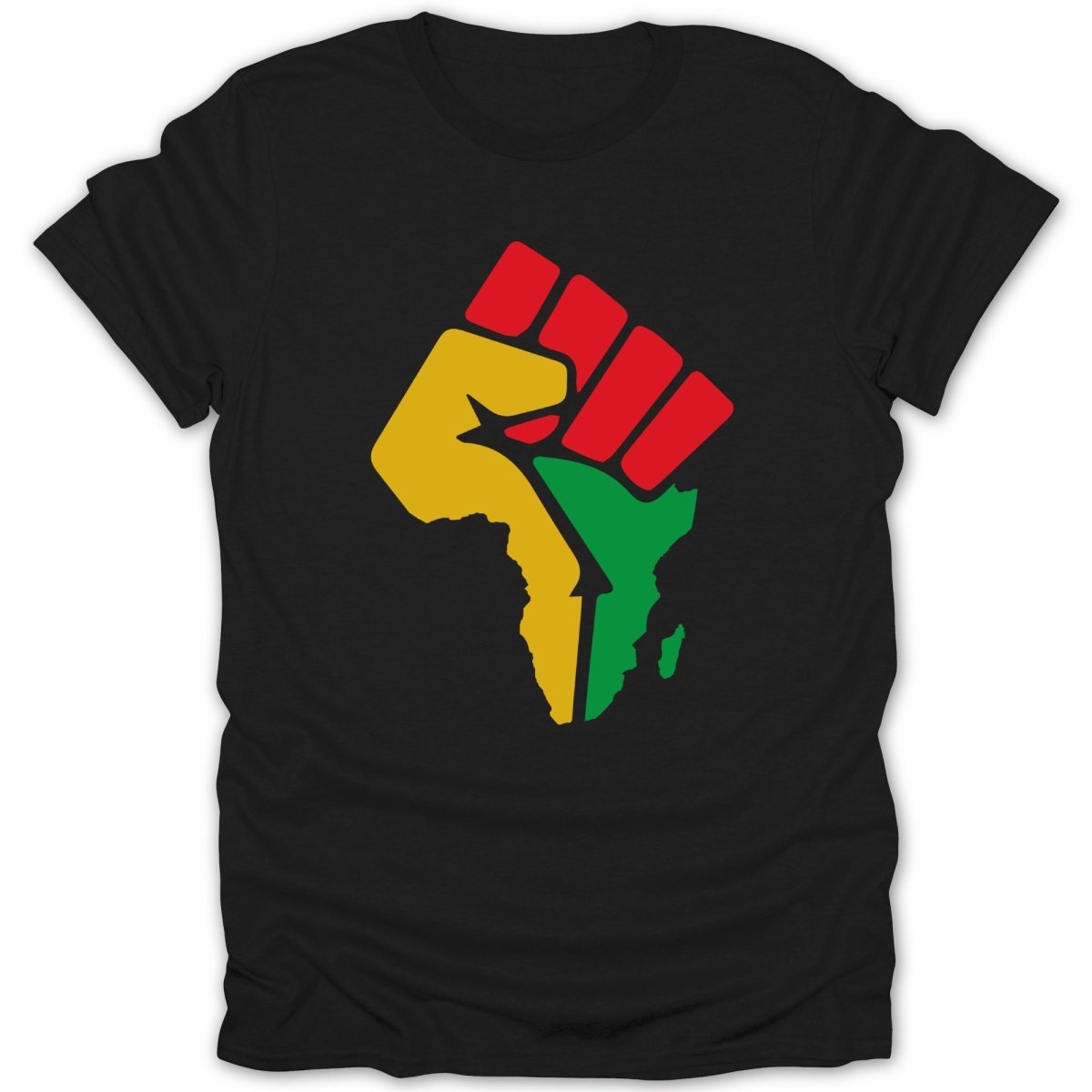 Black t-shirt with a raised fist in the colors of the Pan-African flag shaped like Africa.