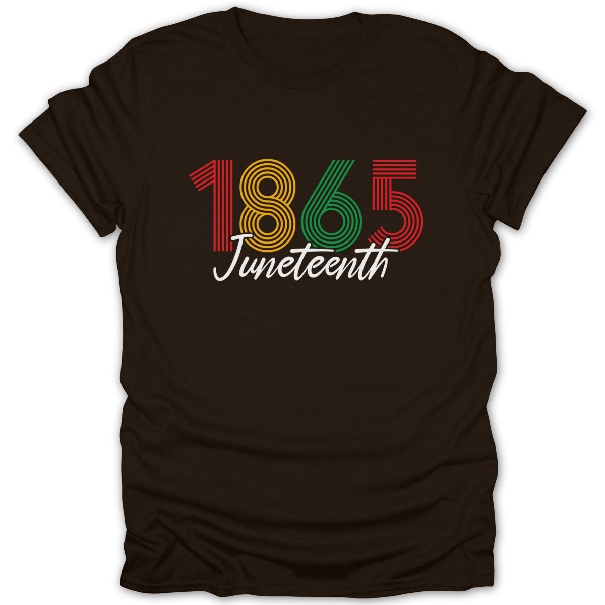 Dark t-shirt with "1865 Juneteenth" in colorful, bold numbers and script.