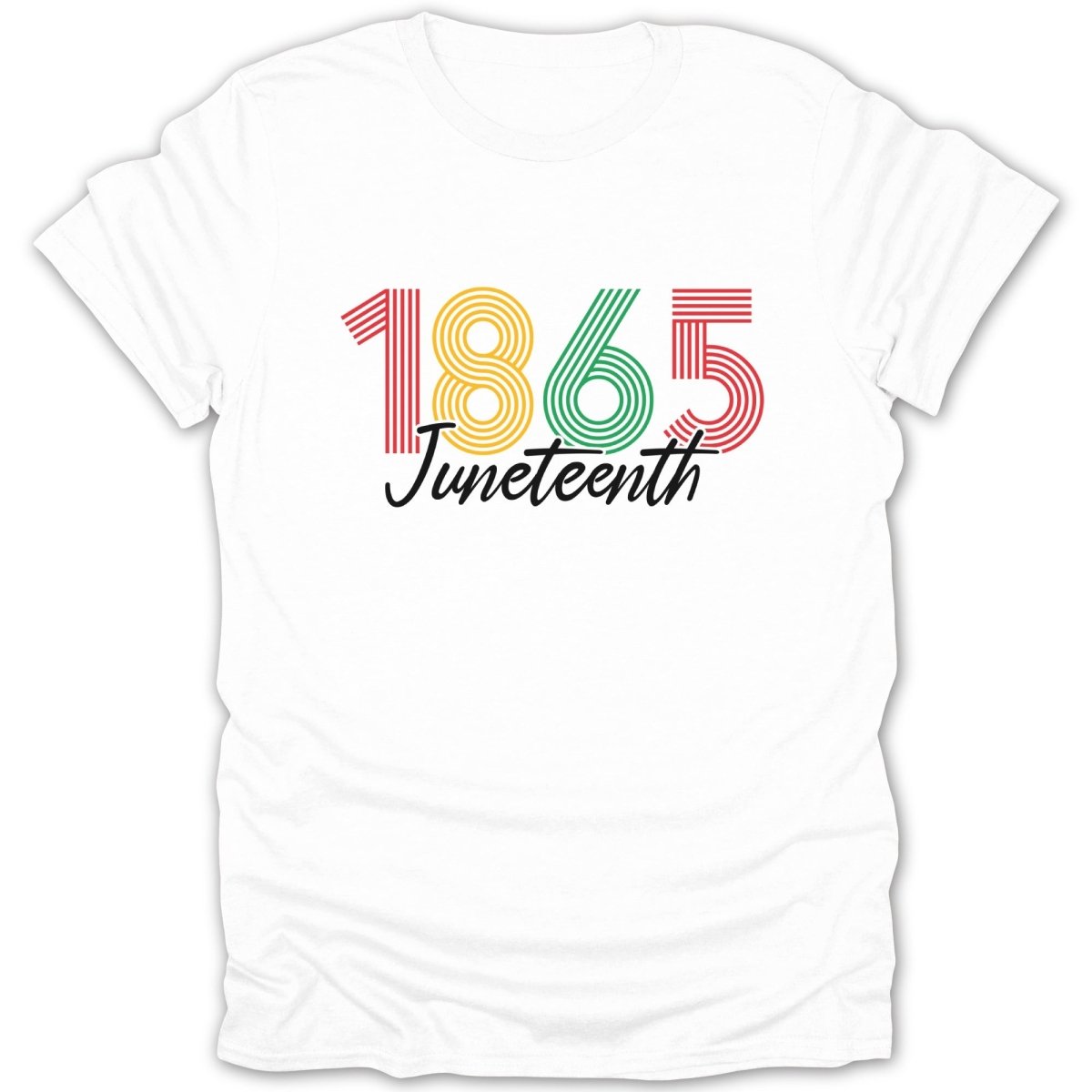 White t-shirt with "1865 Juneteenth" in colorful, stylized text.
