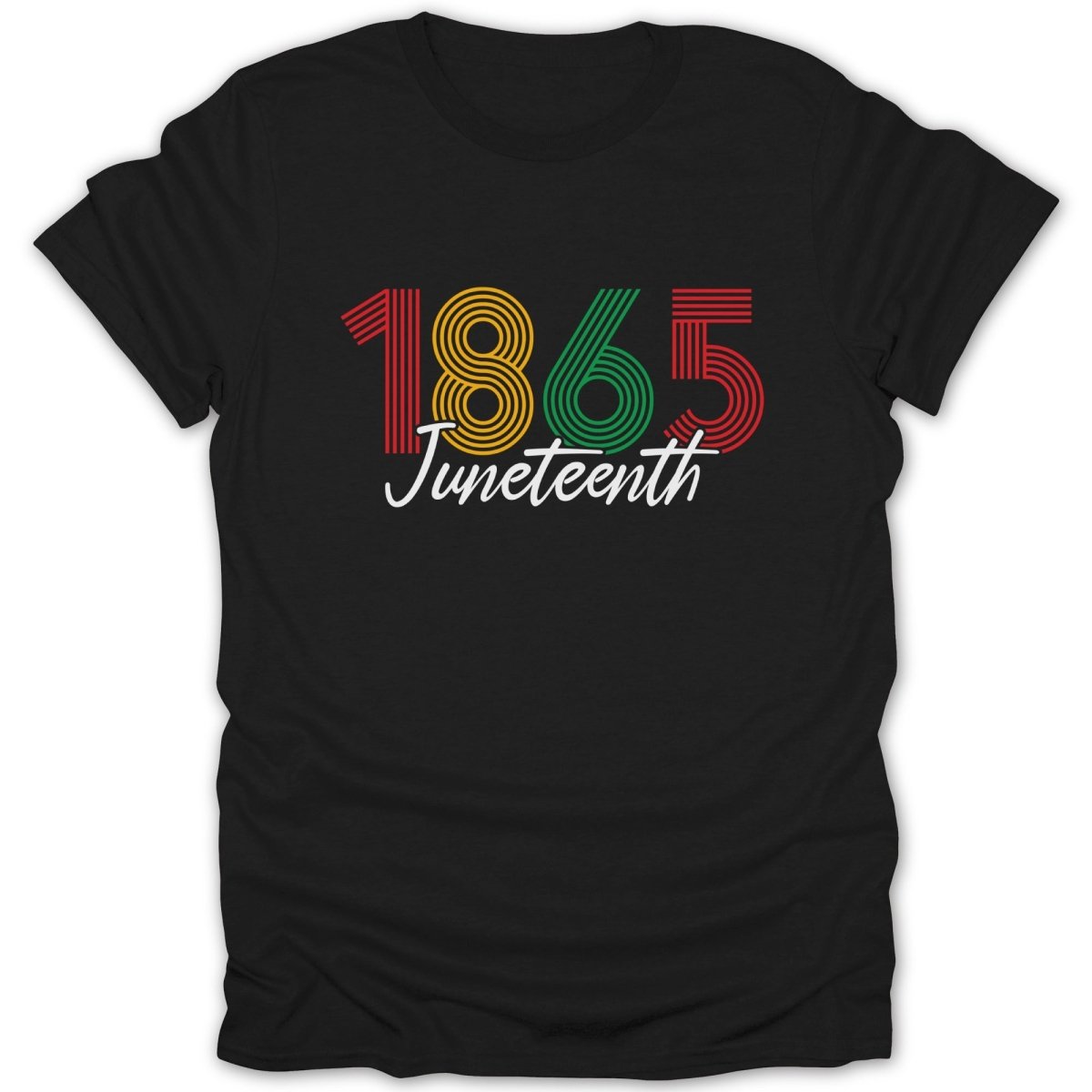Black t-shirt with "1865 Juneteenth" in colorful striped font.