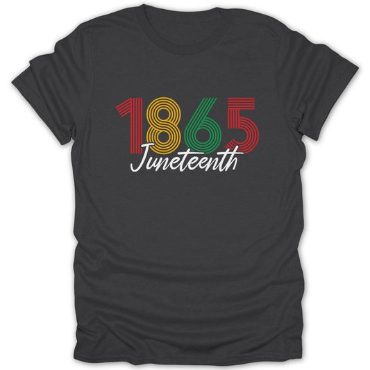 T-shirt with "1865 Juneteenth" text in vibrant colors.