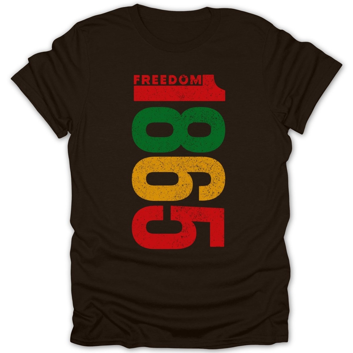 Dark t-shirt with bold "FREEDOM 1865" text in red, green, and gold.