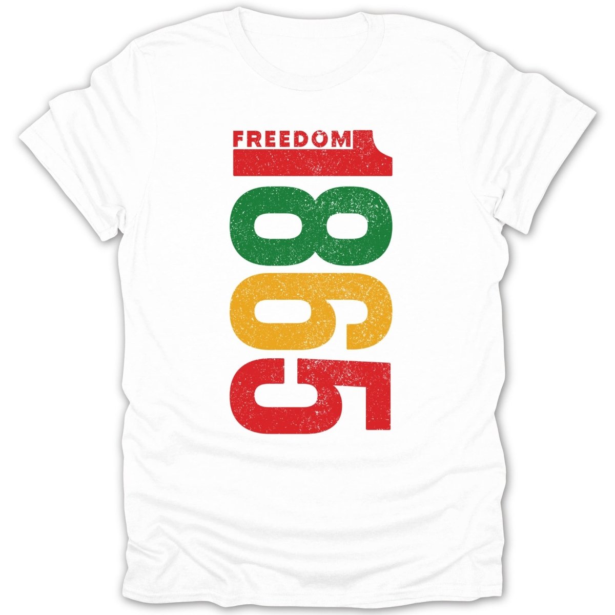 White t-shirt with "FREEDOM" and "1865" in red, green, and gold blocks.