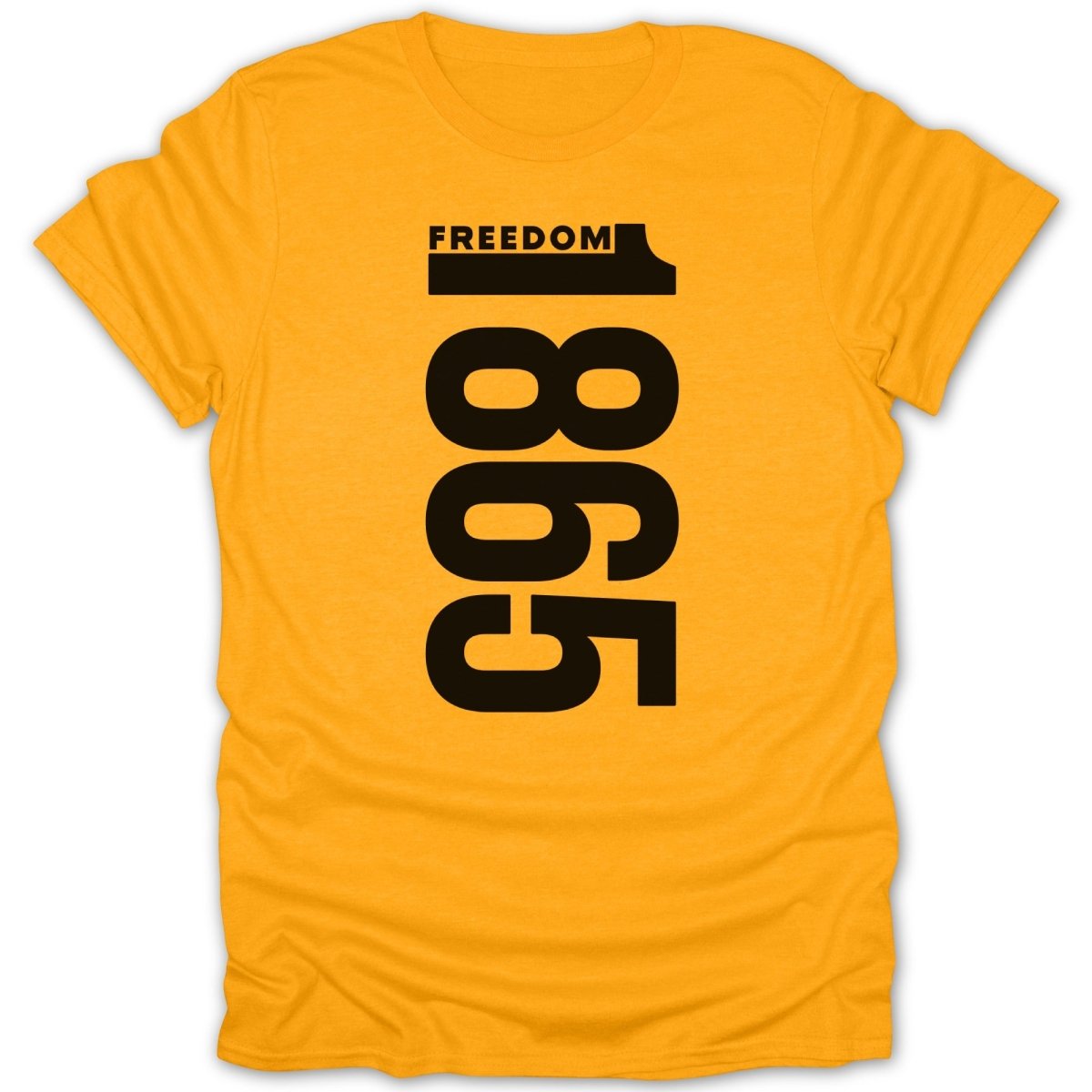 Yellow t-shirt with "FREEDOM 1865" printed vertically in black text.