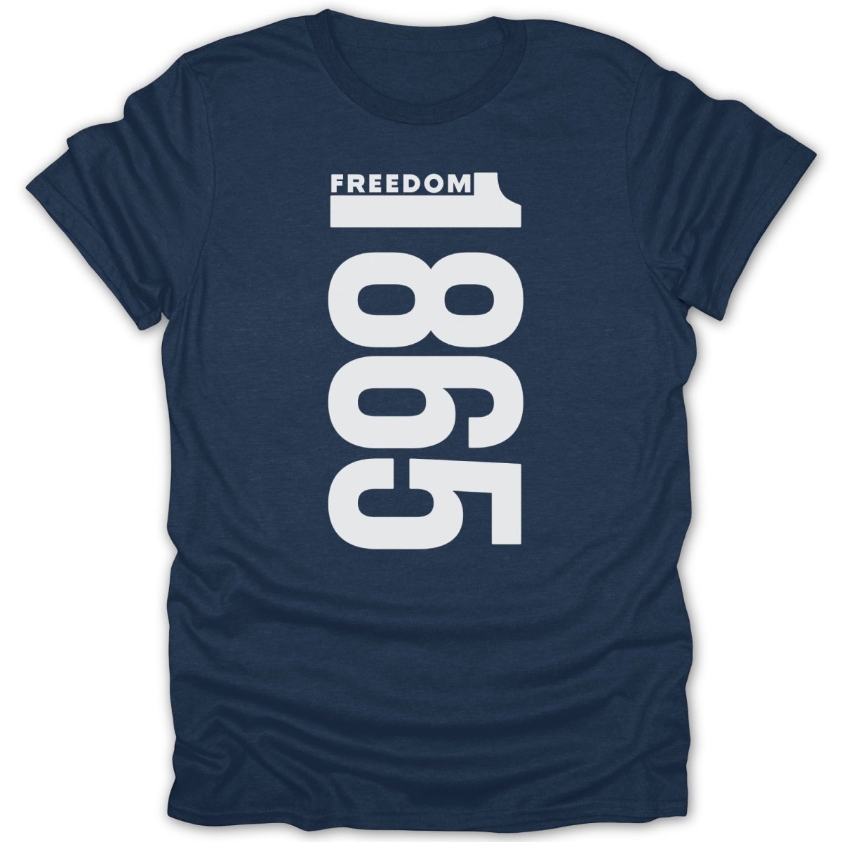 Navy t-shirt with large white text "1865 FREEDOM" printed vertically.