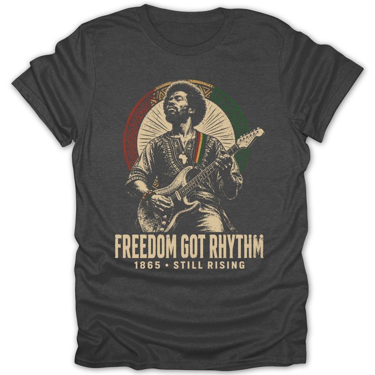 Jimi Hendrix plays guitar with "Freedom Got Rhythm 1865 Still Rising" text.