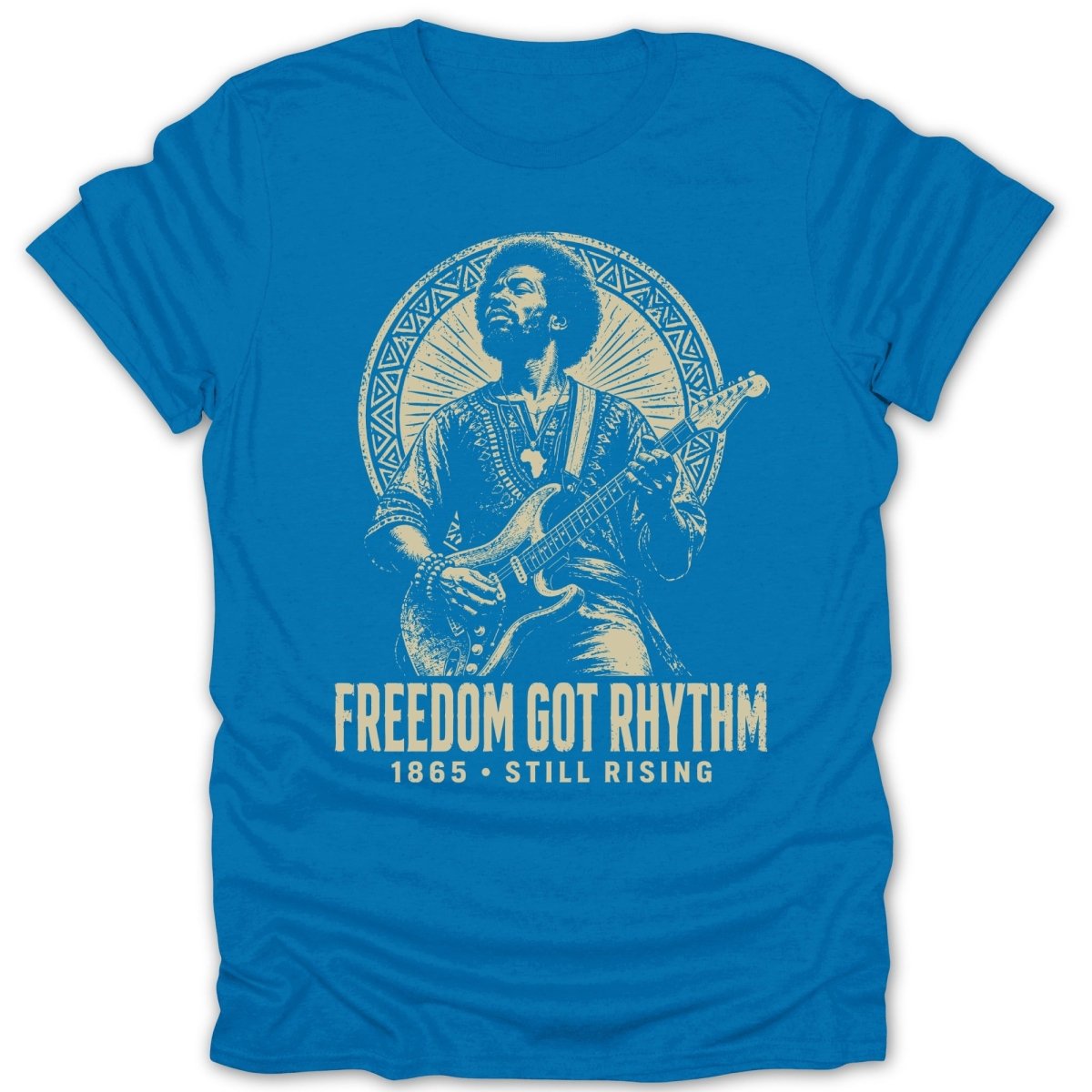 Jimi Hendrix playing guitar with "FREEDOM GOT RHYTHM 1865 STILL RISING" text.