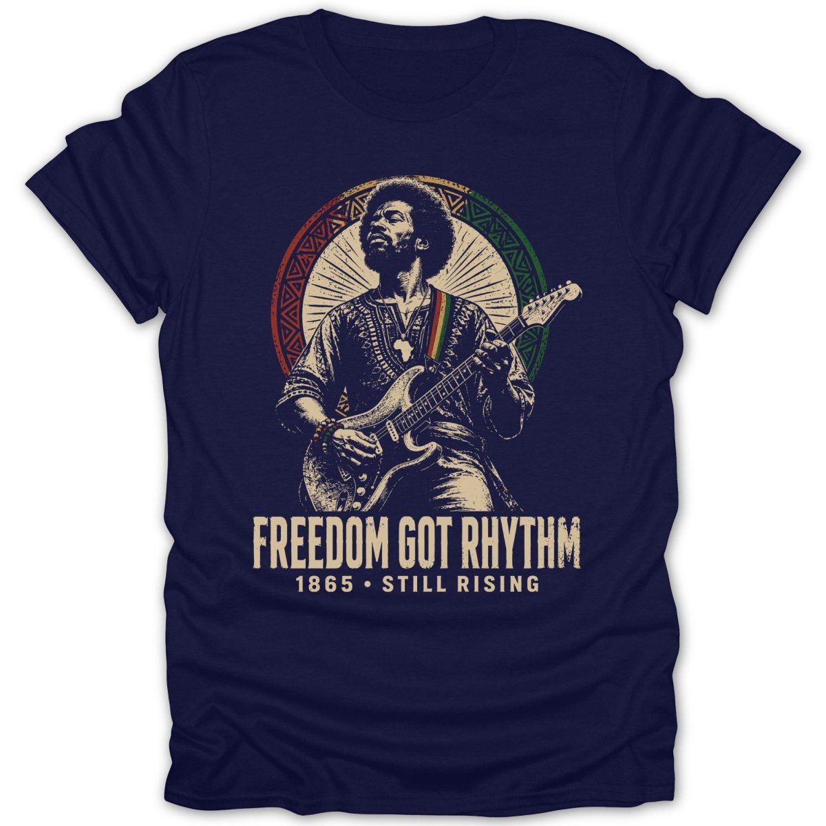 Jimi Hendrix playing guitar under a sunburst, "FREEDOM GOT RHYTHM" text.