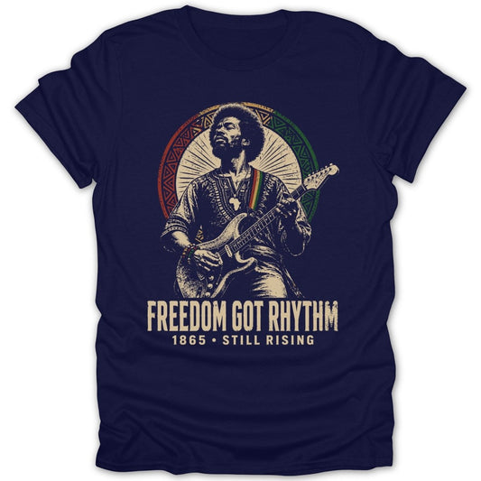 Jimi Hendrix playing guitar under a sunburst, "FREEDOM GOT RHYTHM" text.