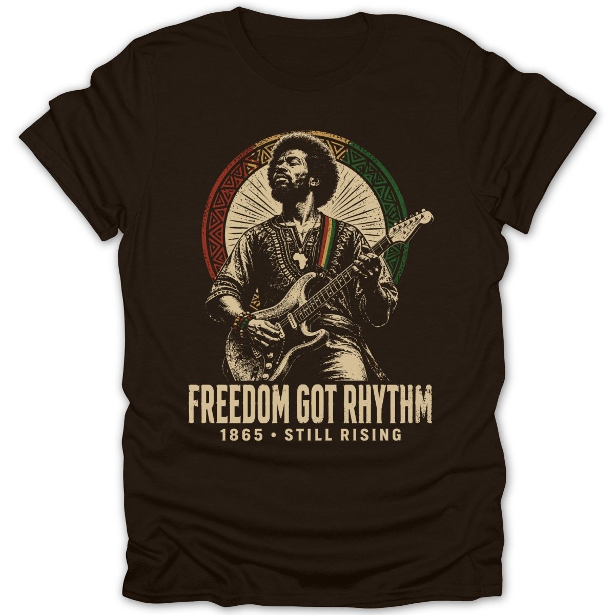 Jimi Hendrix playing guitar, text reads "FREEDOM GOT RHYTHM".