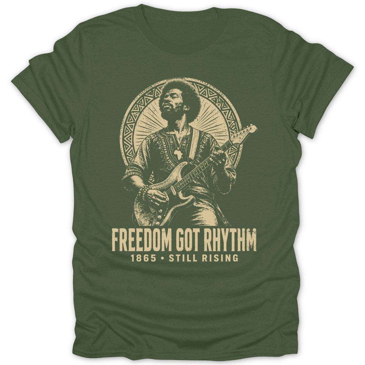Green t-shirt with graphic of Jimi Hendrix playing guitar, text "FREEDOM GOT RHYTHM".