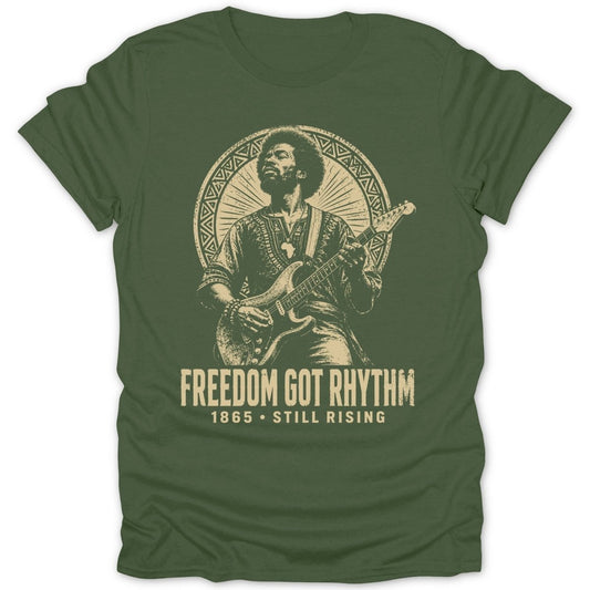 Green t-shirt with graphic of Jimi Hendrix playing guitar, text "FREEDOM GOT RHYTHM".