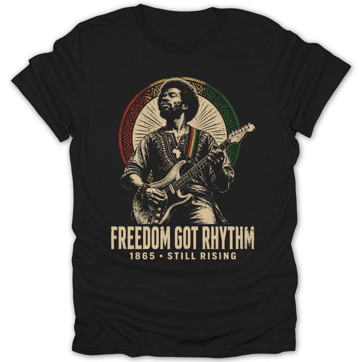 T-shirt with Jimi Hendrix playing guitar, "FREEDOM GOT RHYTHM" text.