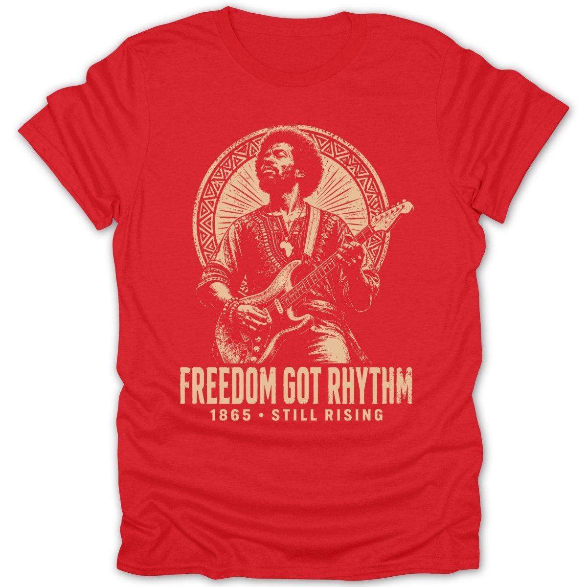 Jimi Hendrix graphic on red t-shirt, "FREEDOM GOT RHYTHM 1865 STILL RISING."