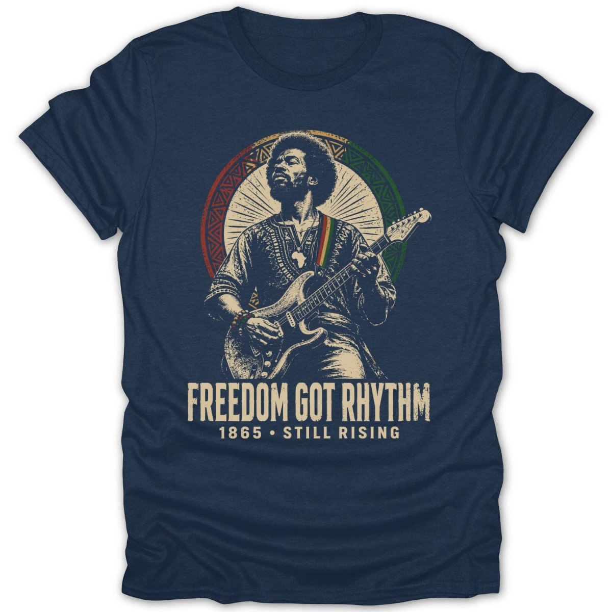 Jimi Hendrix playing guitar with "Freedom Got Rhythm" text.