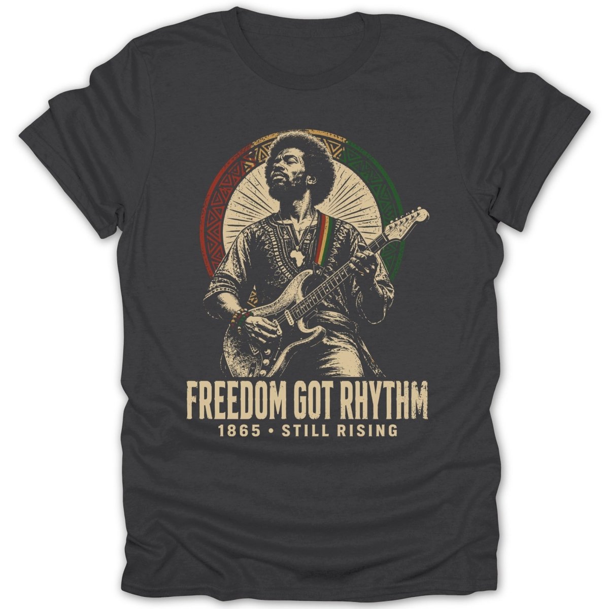 T-shirt featuring Jimi Hendrix playing guitar with "FREEDOM GOT RHYTHM" text.