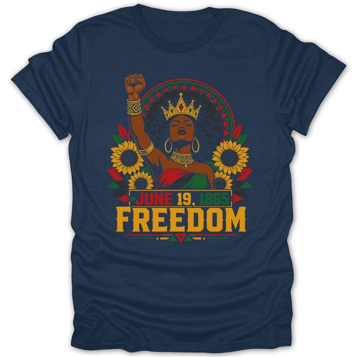 Juneteenth graphic with raised fist, sunflowers, and "JUNE 19, 1865 FREEDOM".
