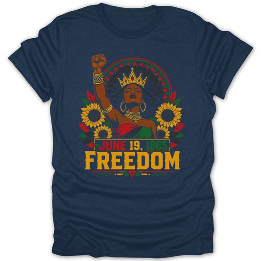 Juneteenth graphic with raised fist, sunflowers, and "JUNE 19, 1865 FREEDOM".