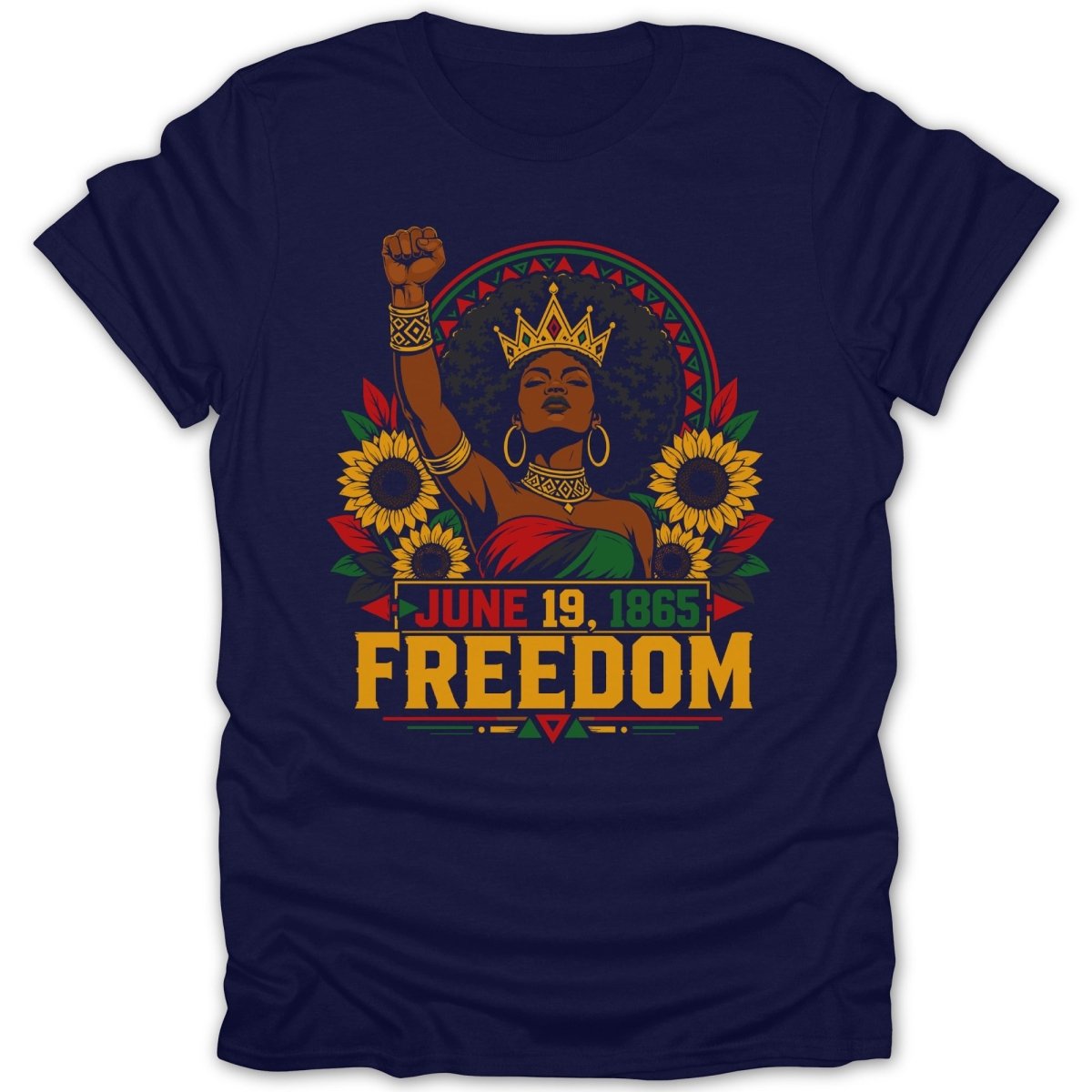 Juneteenth Freedom design with woman, sunflowers, and red, yellow, green sunburst.