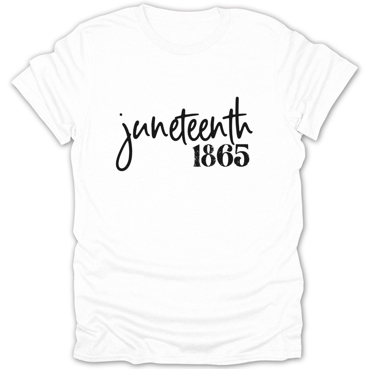 White t-shirt with "Juneteenth 1865" in black script font.