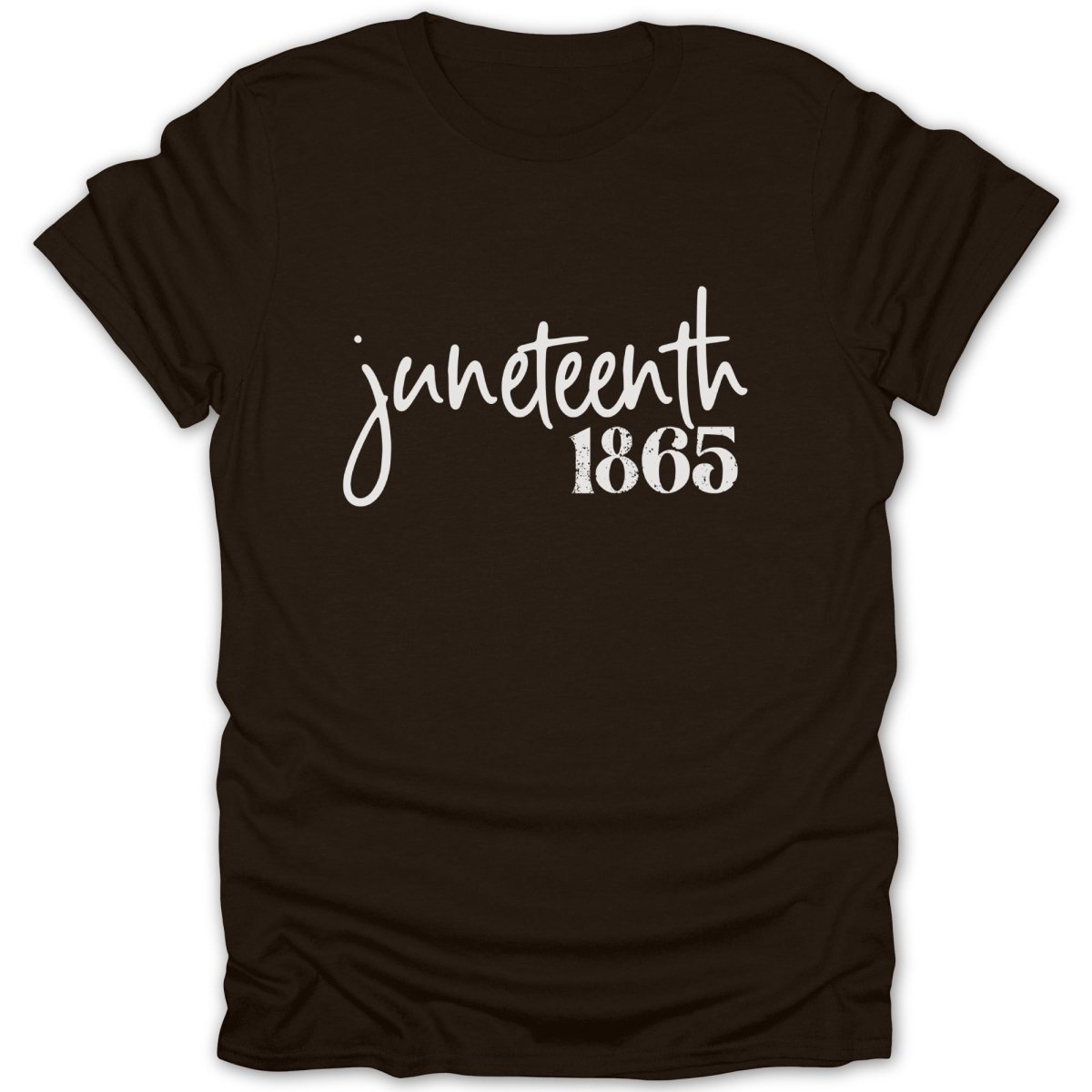 Dark t-shirt with "Juneteenth 1865" in white script and block font.