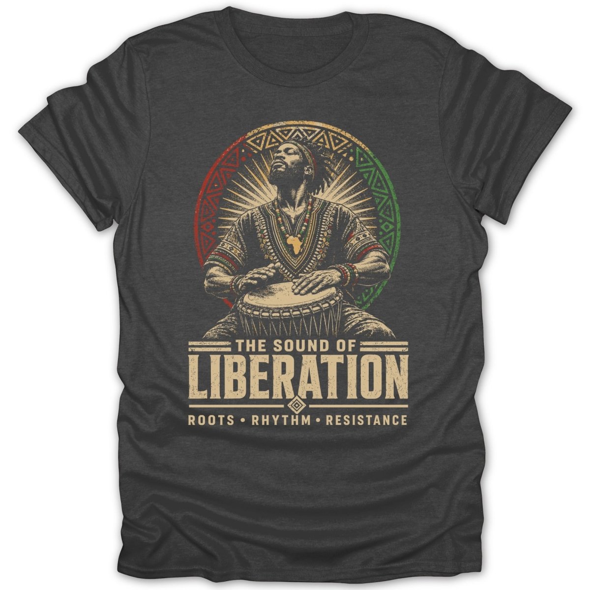 Man playing a drum with text "The Sound of Liberation" and "Roots • Rhythm • Resistance".