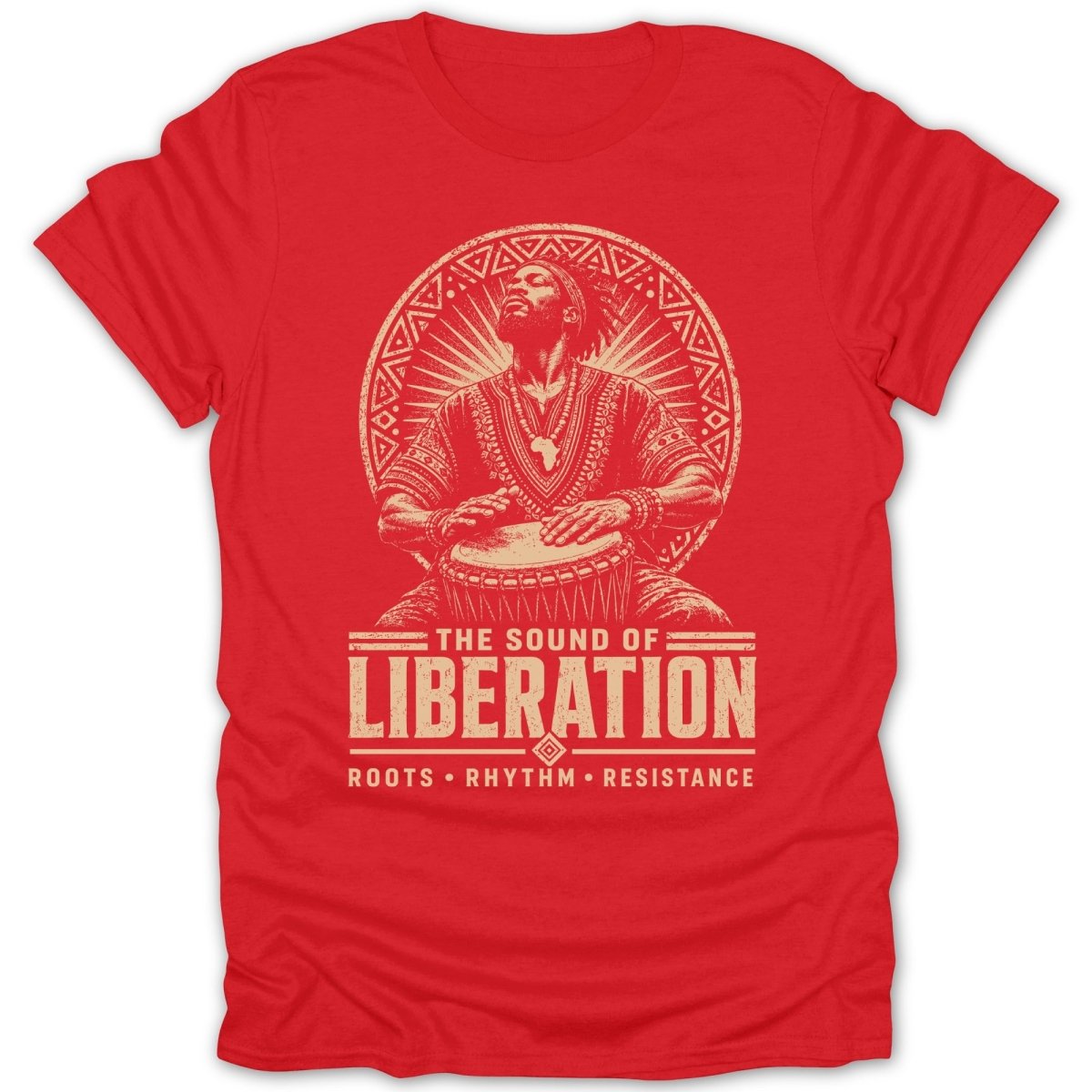 Red t-shirt with "The Sound of Liberation" text and a drummer graphic.