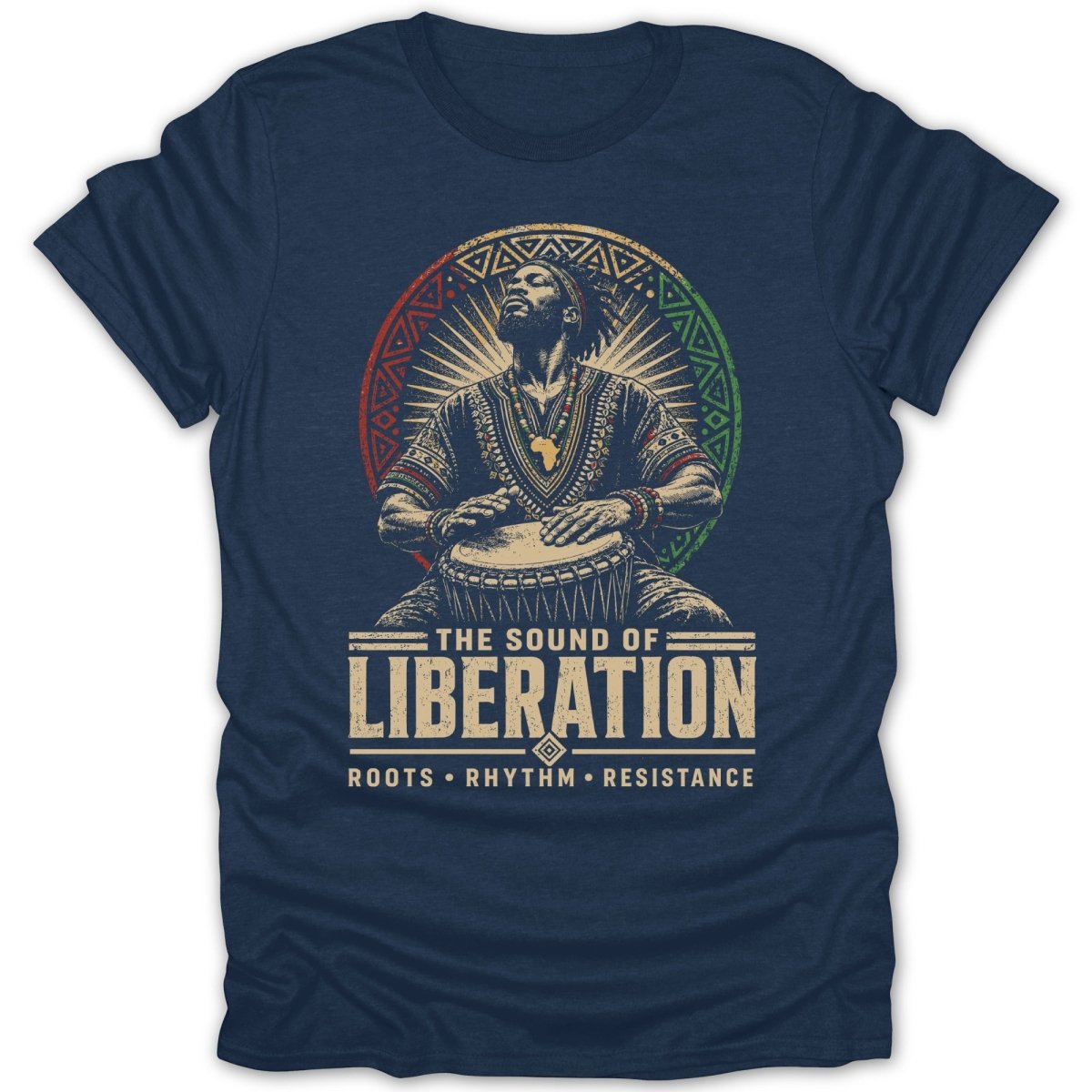 T-shirt with a man playing drums, "The Sound of Liberation" text.
