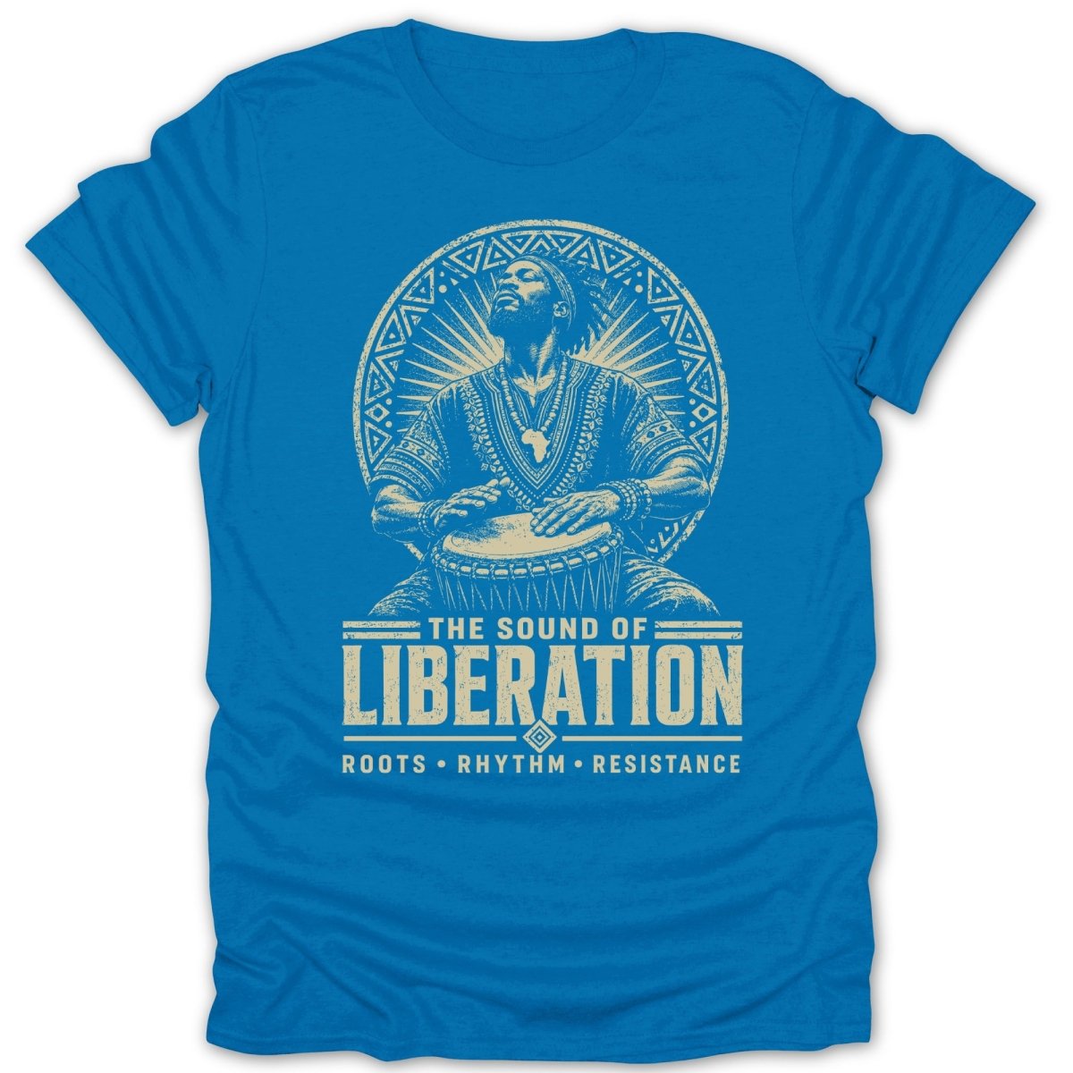 Blue t-shirt with graphic of man drumming, "The Sound of Liberation" text.