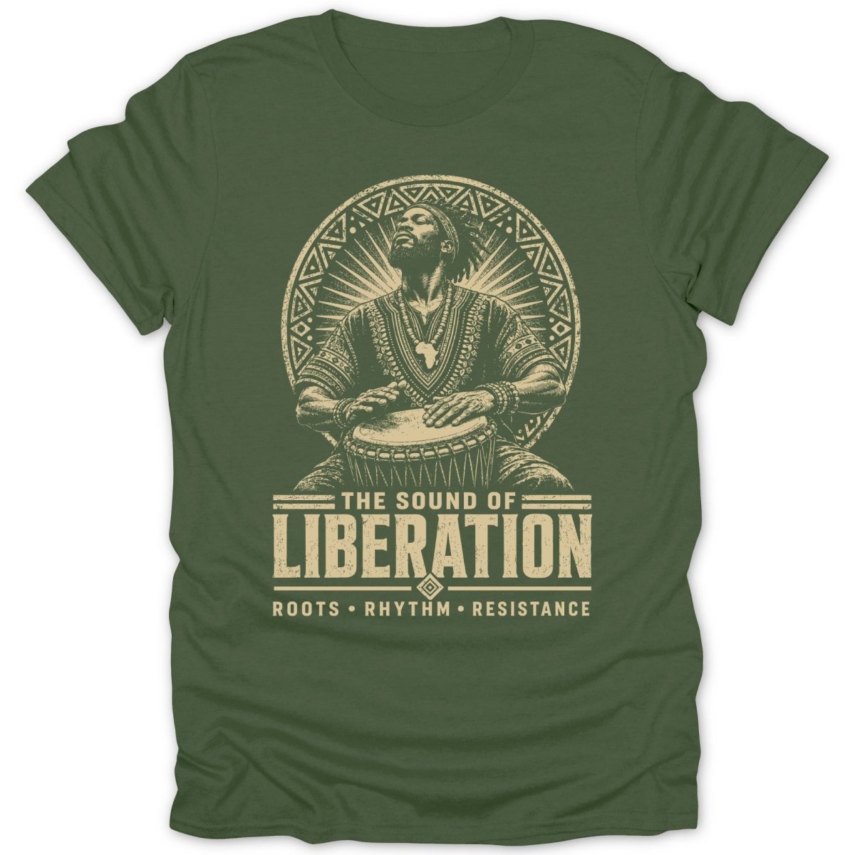 Olive green t-shirt with circular graphic and "The Sound of Liberation" text.