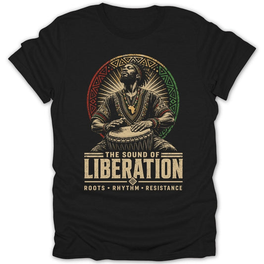 Man playing a drum with "The Sound of Liberation" text.