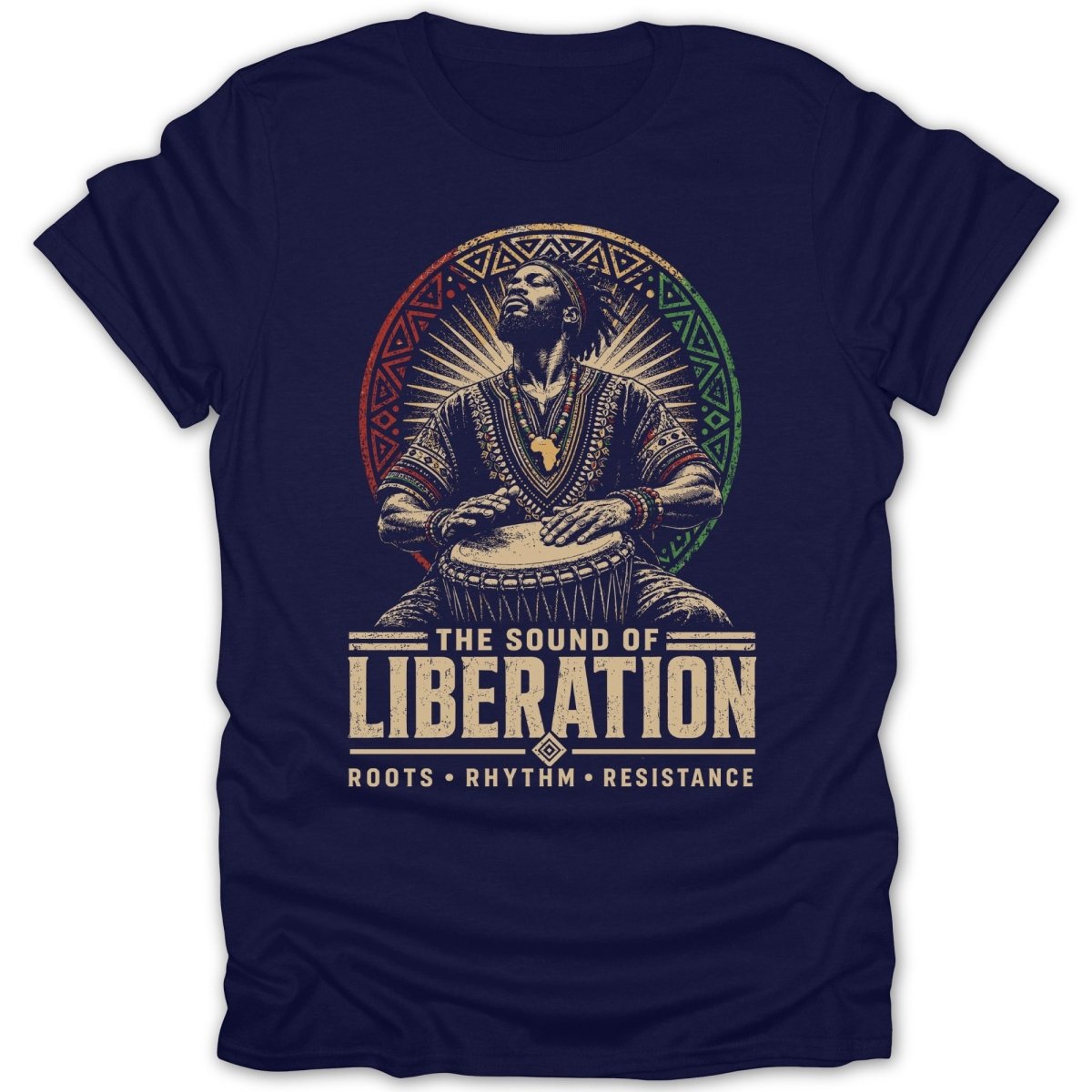 Man playing djembe drum with "The Sound of Liberation" text.