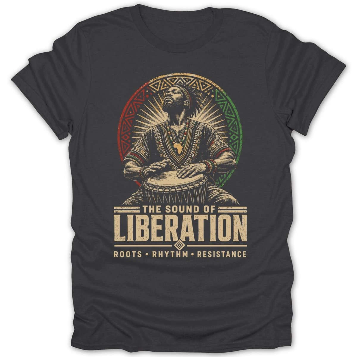 Man drumming with "The Sound of Liberation" text and geometric design.