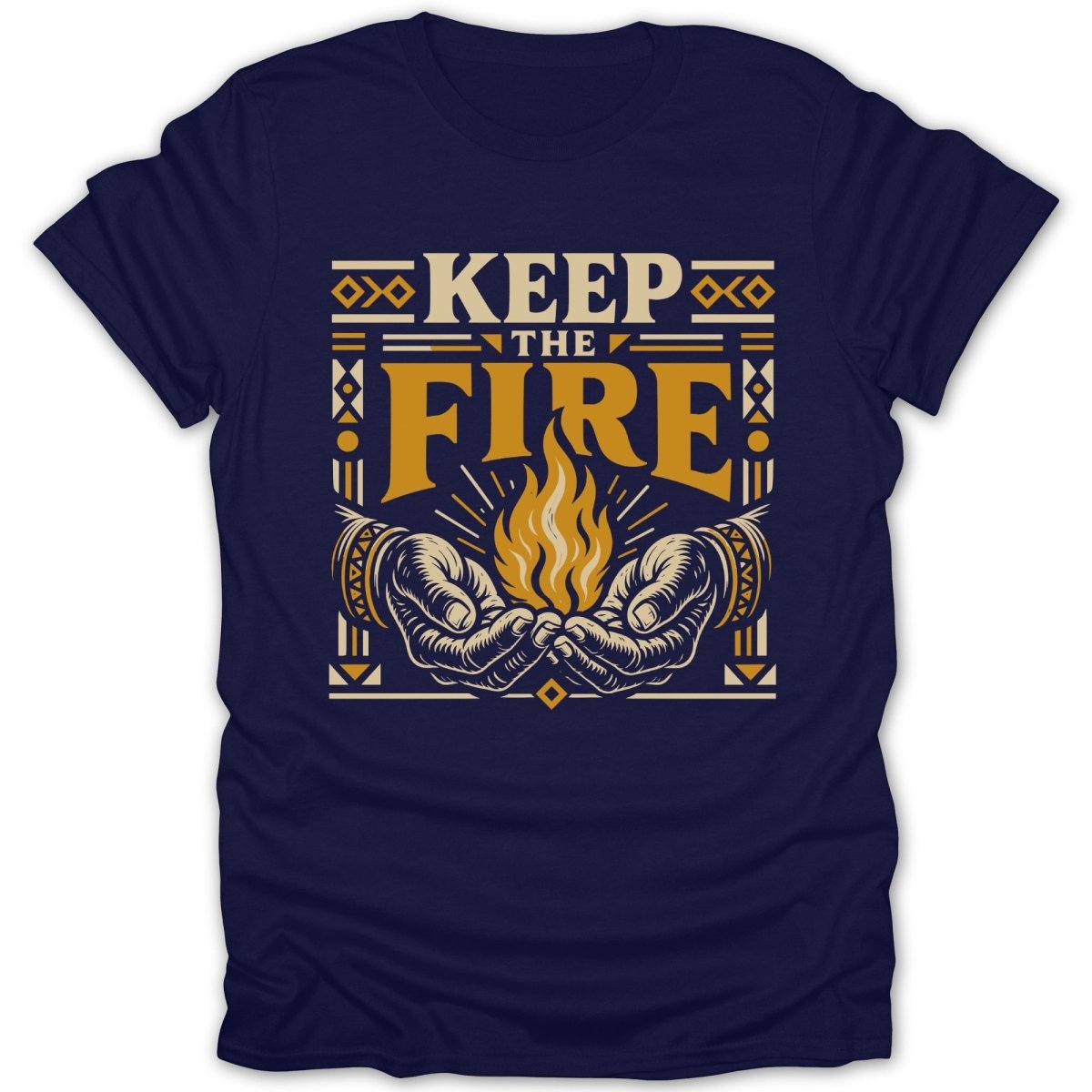 Navy t-shirt graphic with hands holding flame and text "KEEP THE FIRE".