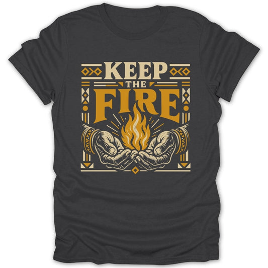 Hands cupping a flame with text "KEEP THE FIRE" in stylized font.
