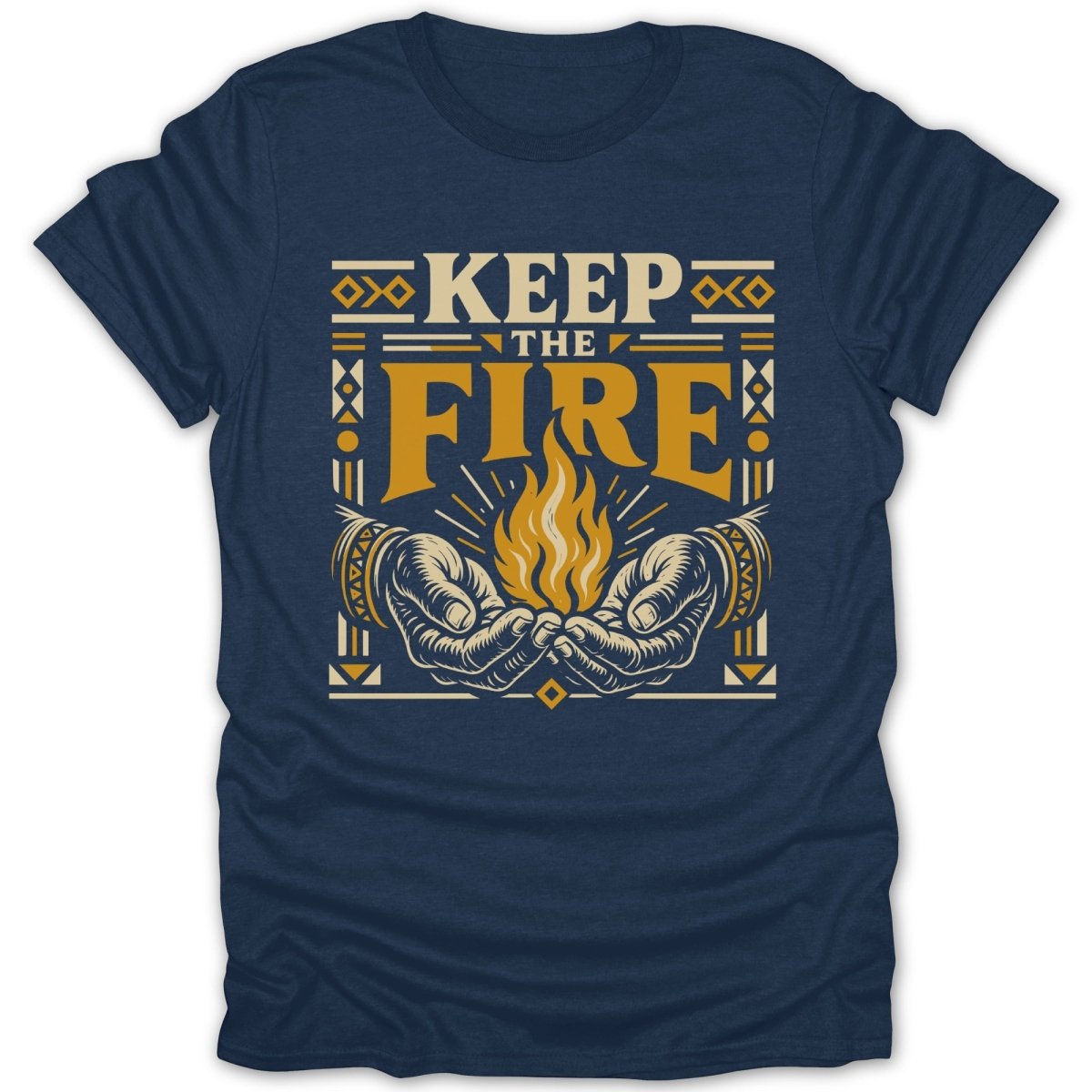Navy t-shirt with "KEEP THE FIRE" text and stylized hands holding a flame.